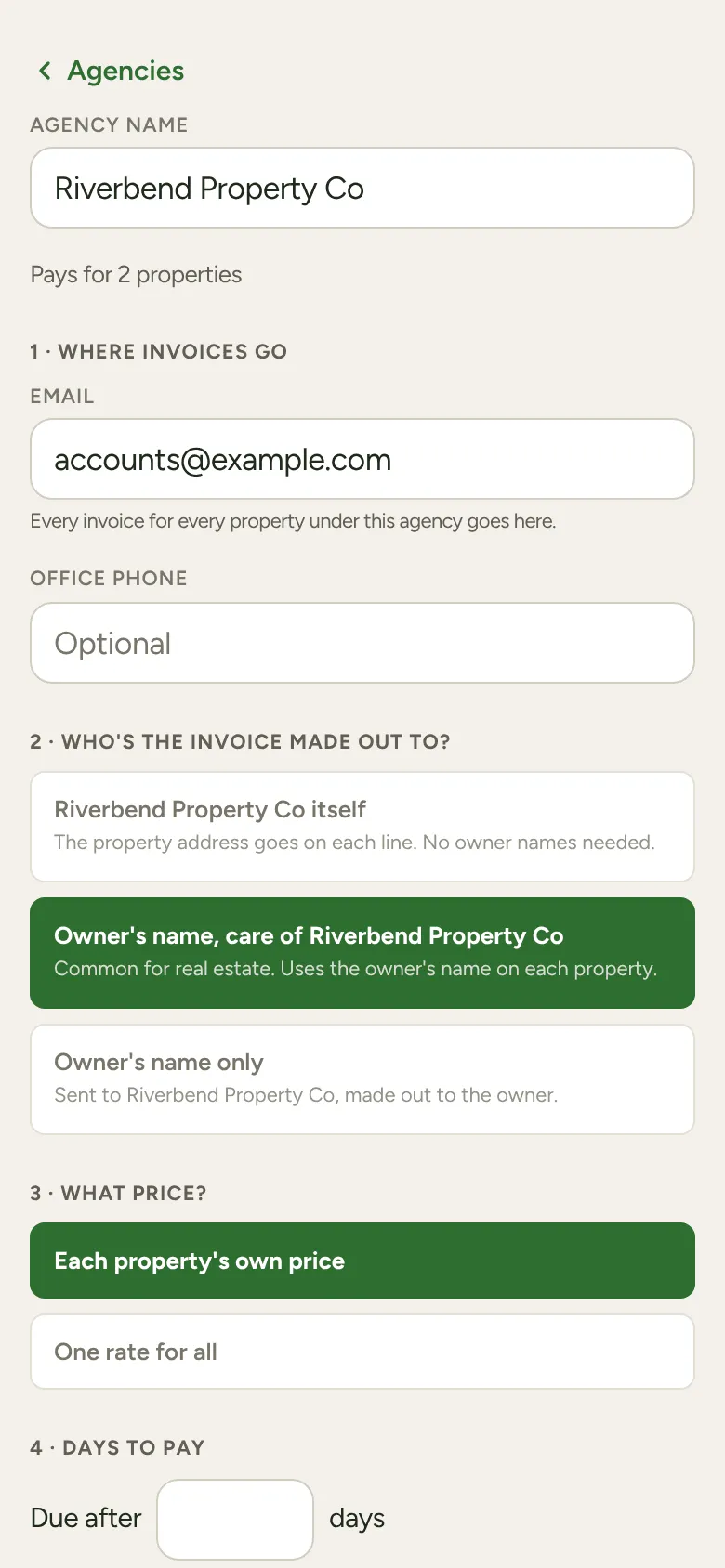 An agency’s screen: where invoices go, who the invoice is made out to, the price and days to pay