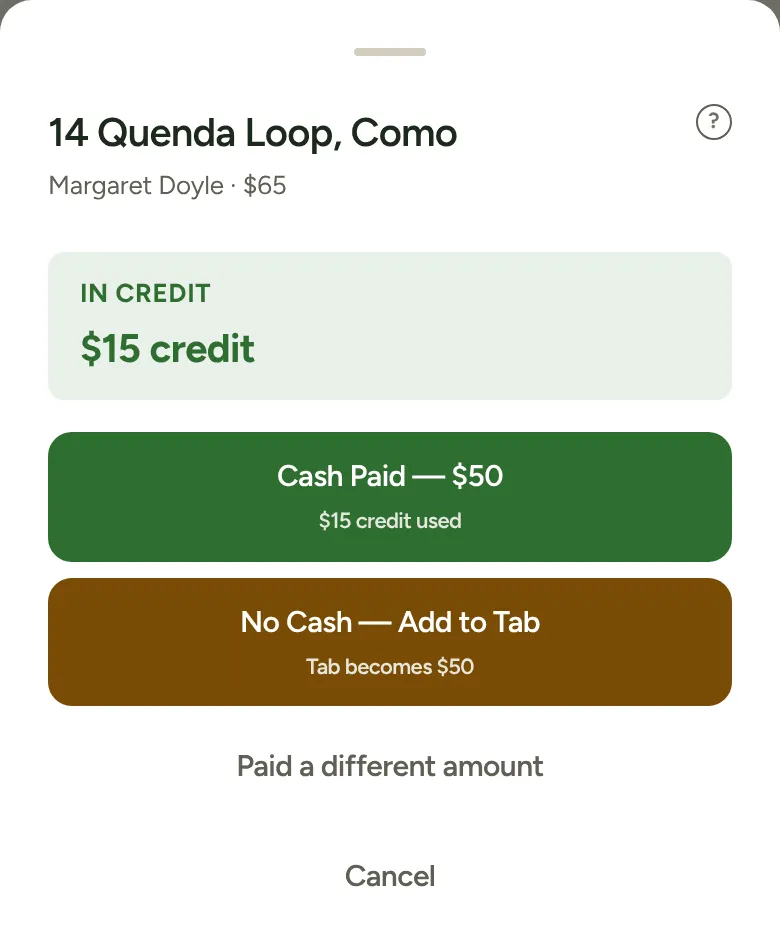Job Complete for a customer in credit: Cash Paid with the credit used underneath