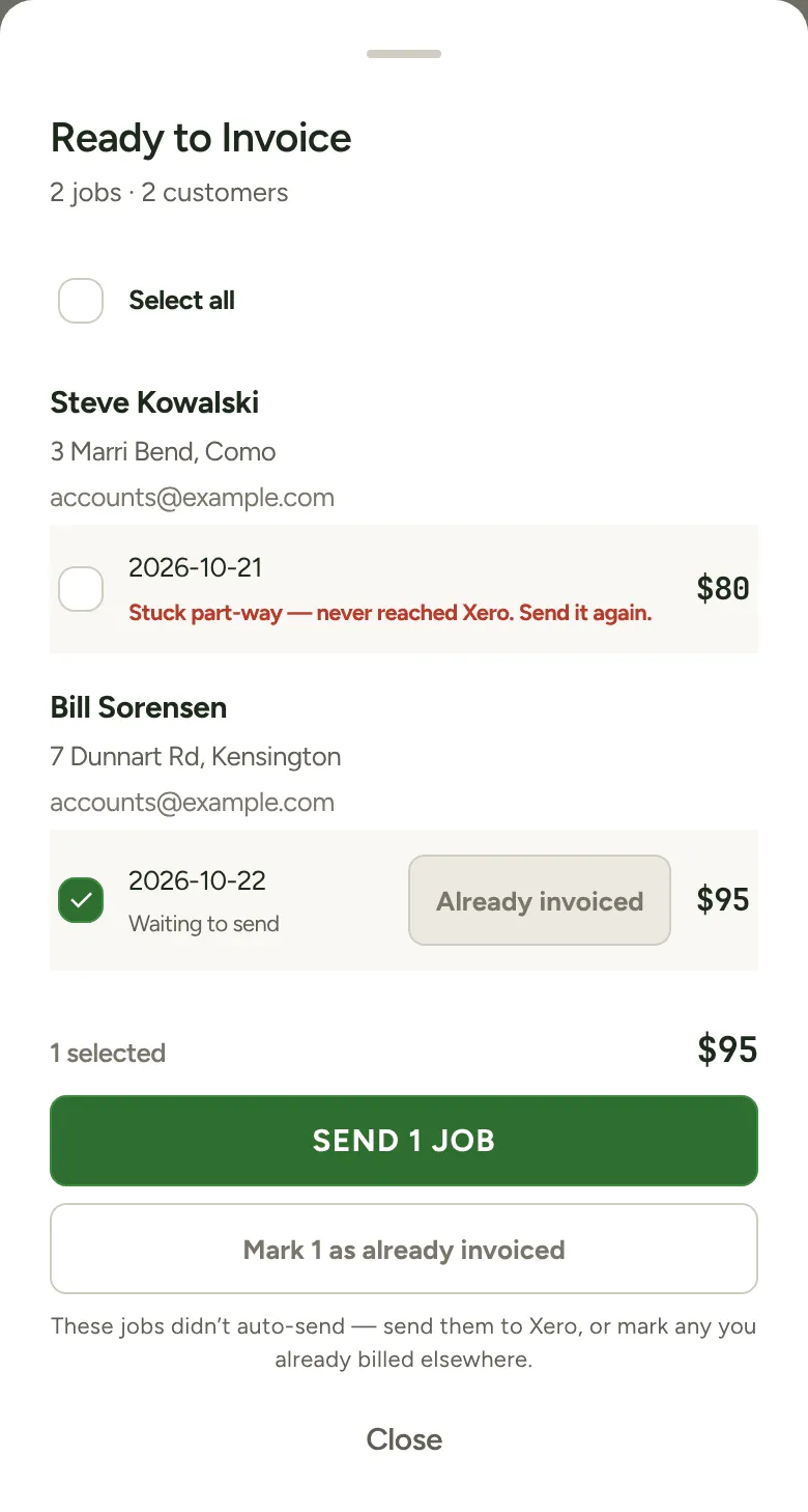 Ready to Invoice with one job stuck part-way, unticked, above a job waiting to send