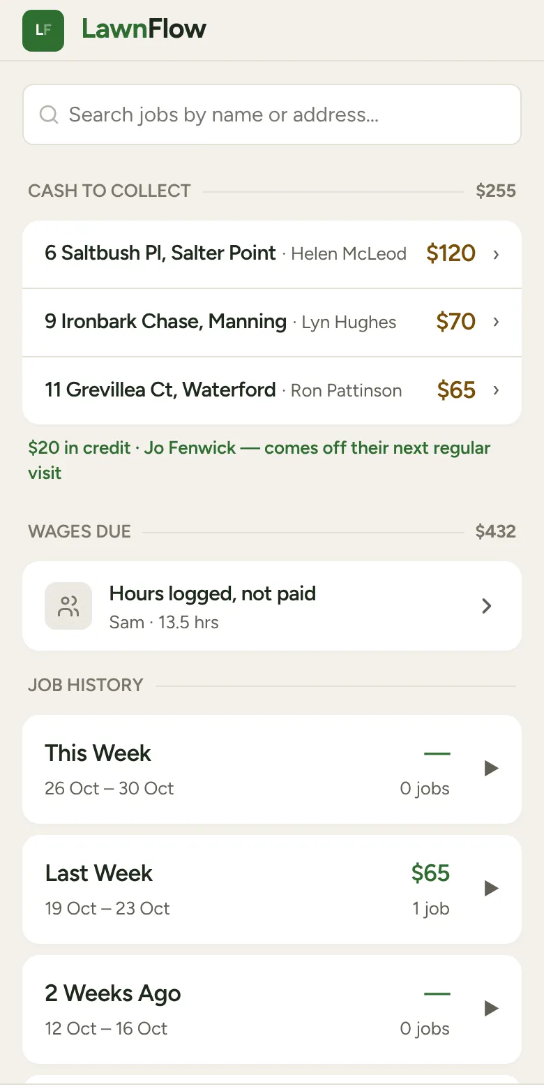 The Money tab: Cash to collect, Wages due and Job History