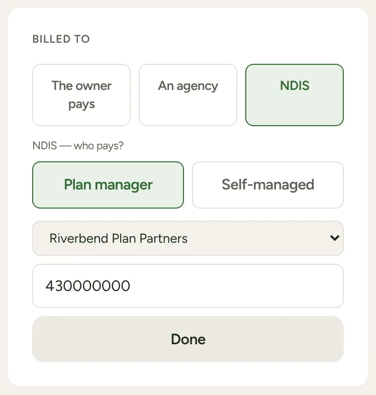 The Billed to card set to NDIS with a plan manager and the NDIS number