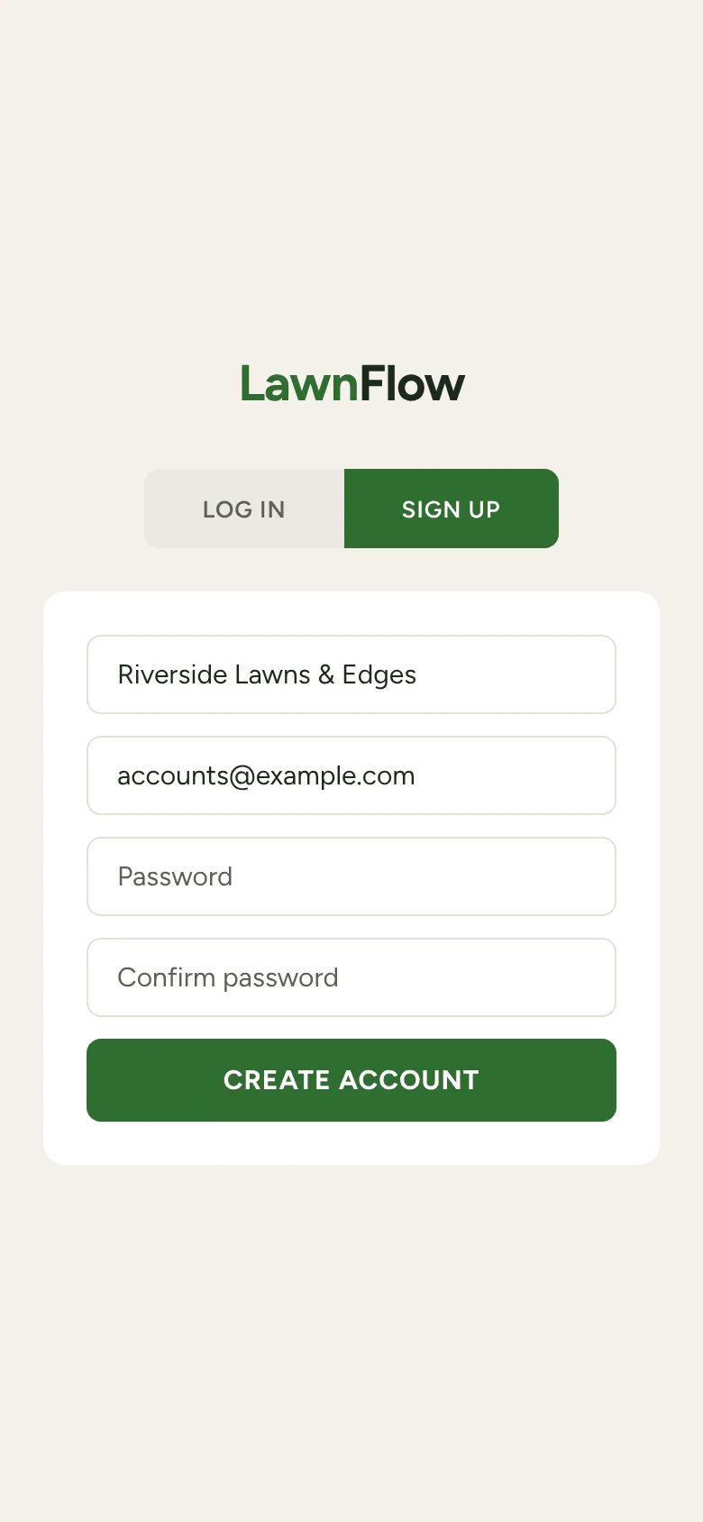 The LawnFlow sign in screen with the Log In and Sign Up tabs