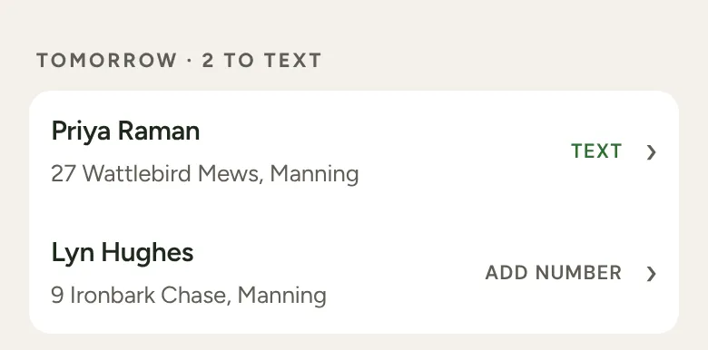 Today after the last job: the list of tomorrow’s customers to text