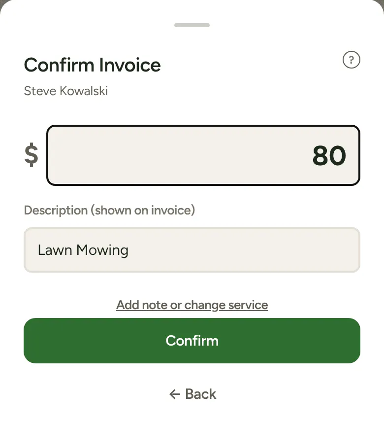 Confirm Invoice: the amount, the description and Confirm