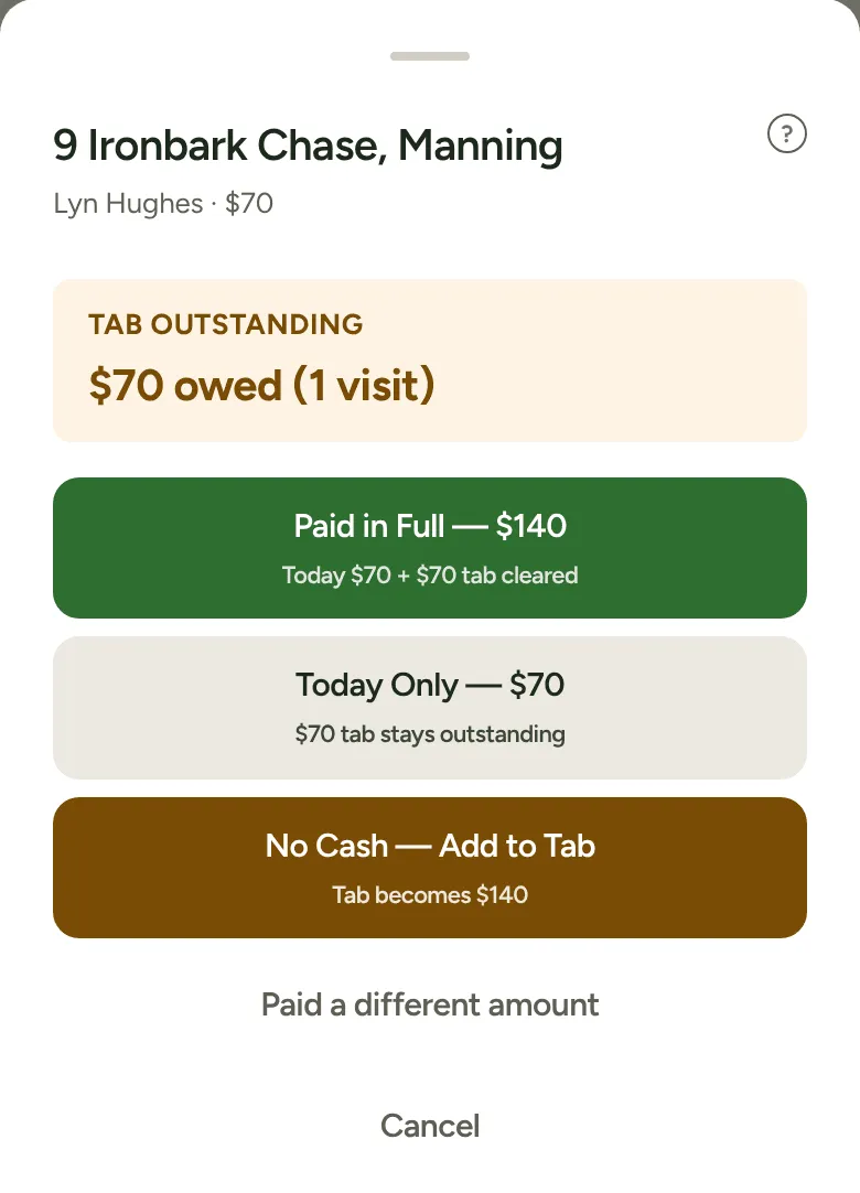 Job Complete for a customer with a tab: Paid in Full, Today Only, No Cash, Add to Tab