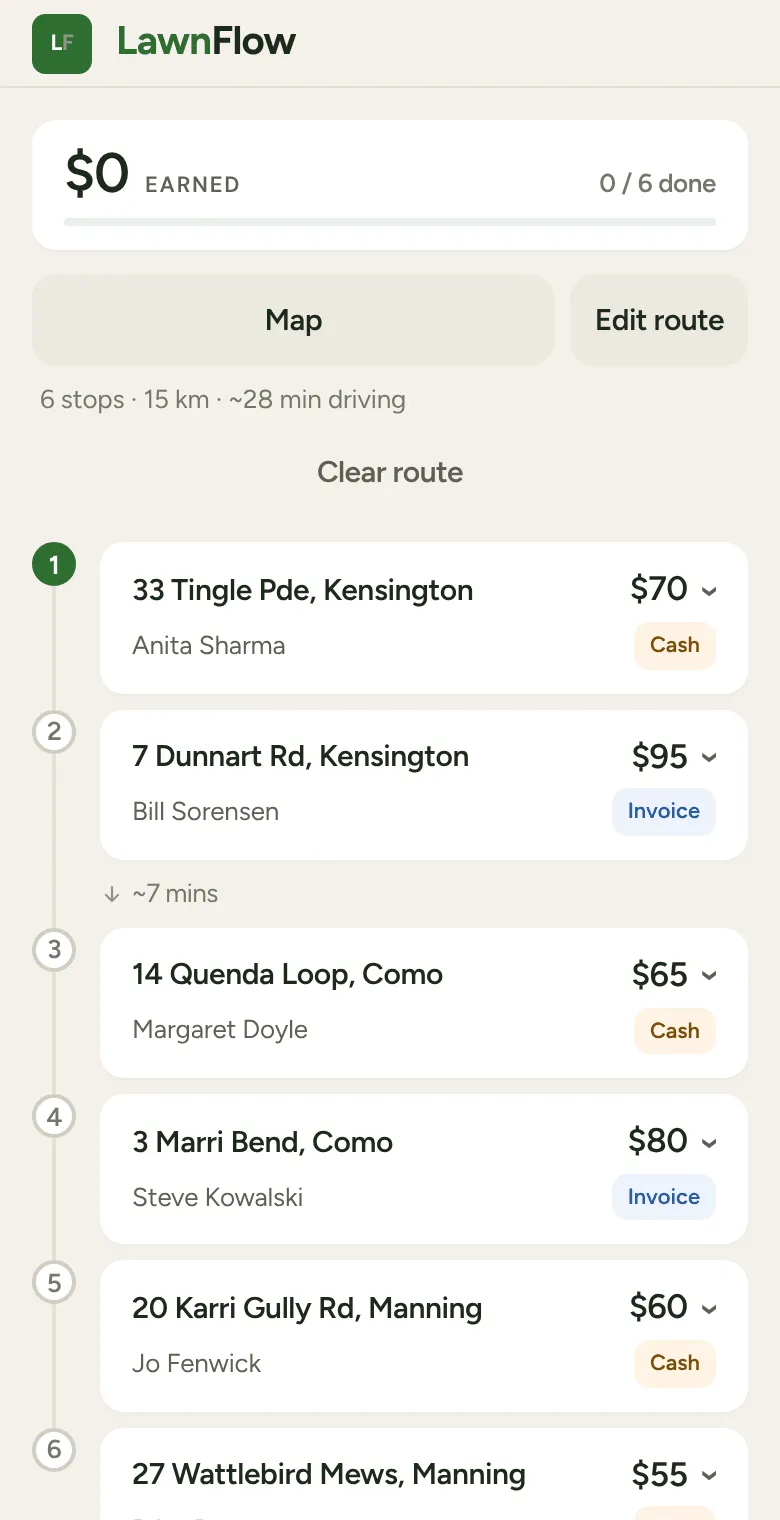 Today with a route set: Map, Edit route, the drive time line and numbered jobs